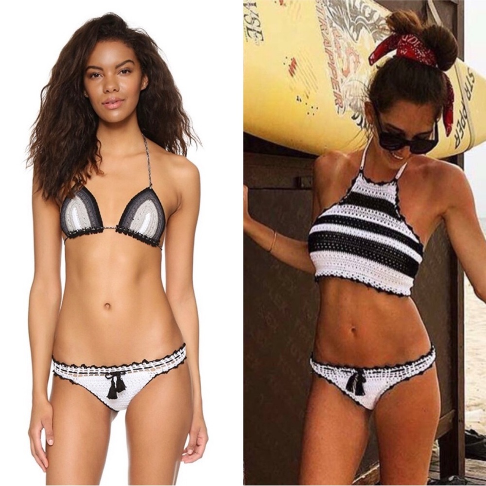 PILYQ white crochet bikini bottom with black trim. Large